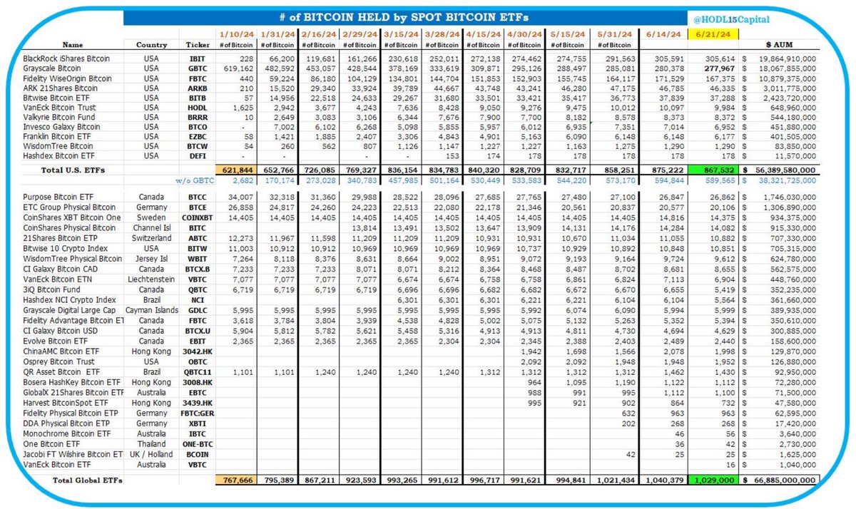 截至6月21日，全球比特币ETF共计持有102.9万枚比特币，AUM达668.85亿美元缩略图